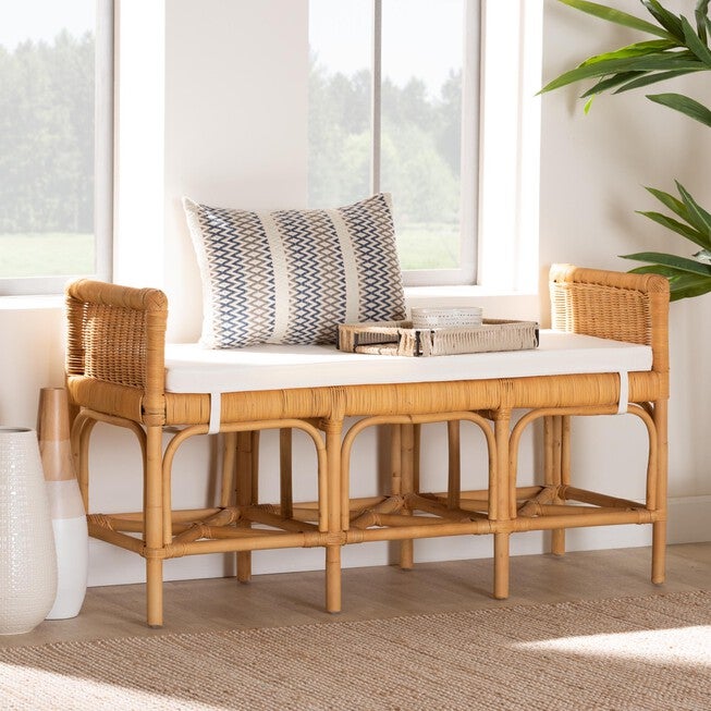 Nairi Modern Bohemian Natural Brown Rattan Bench, , alternate image number 5