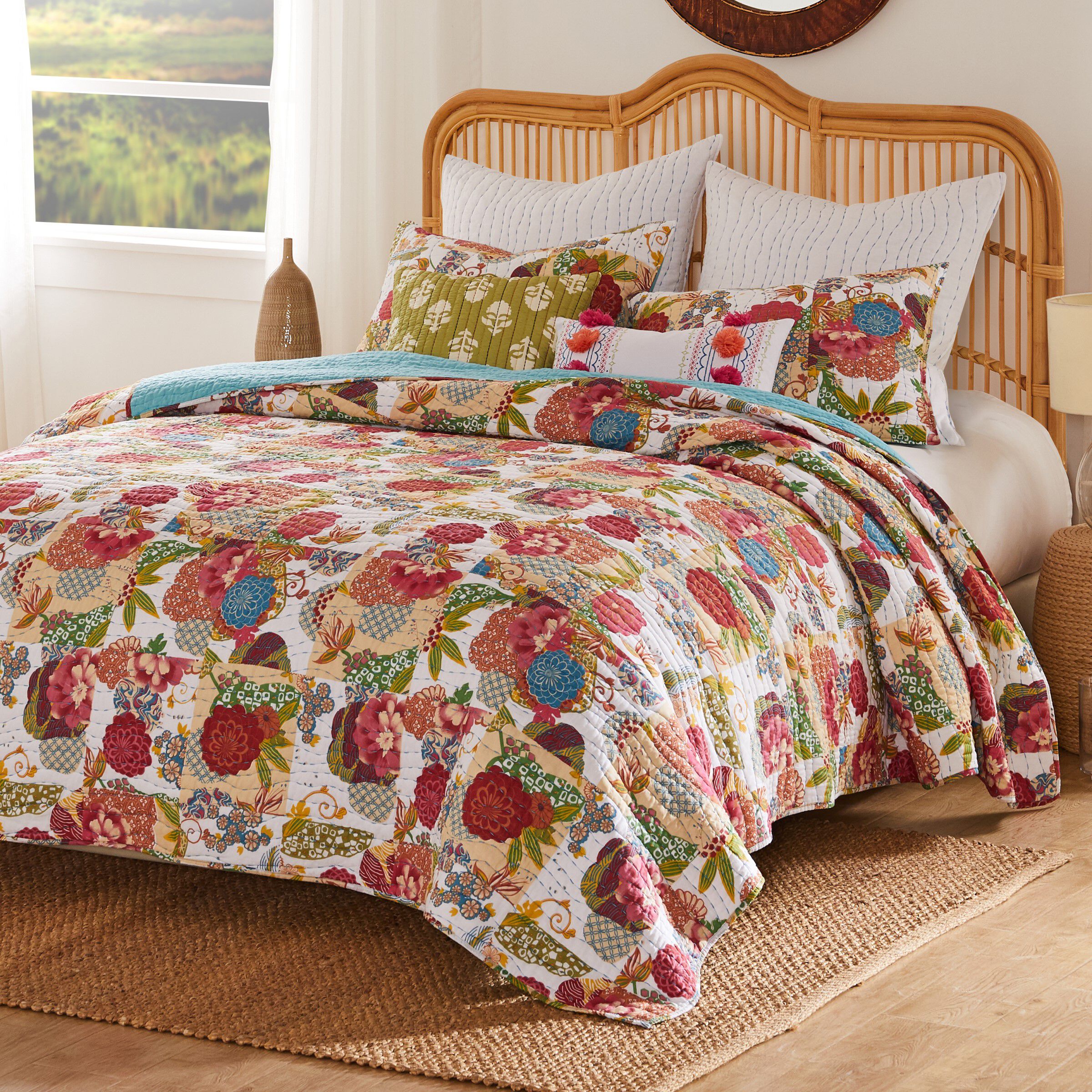 Jewel Kantha Stitched Quilt Set, WHITE, alternate image number 3
