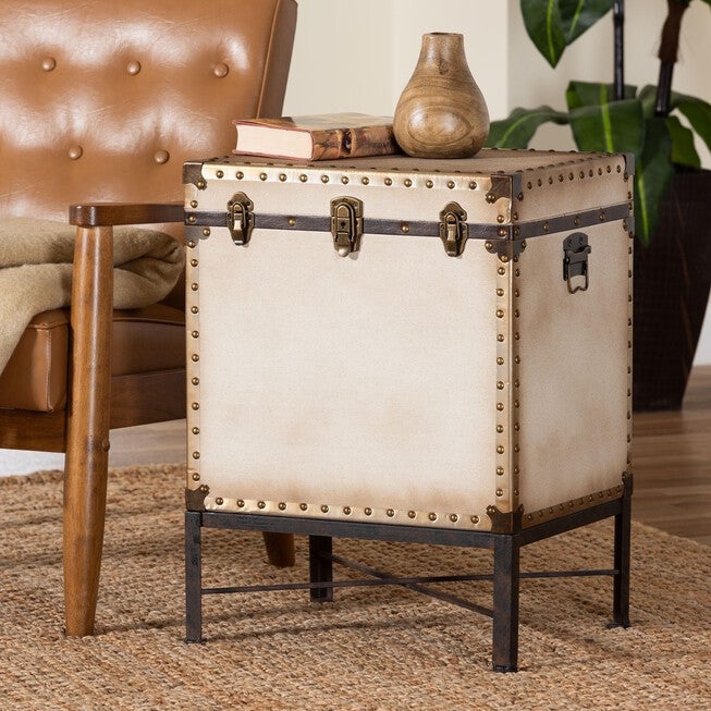 Laura Vintage White Canvas Lift-Top Trunk End Table, WHITE, hi-res image number 0