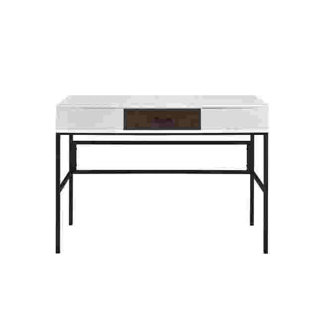 White writing desk with black metal frame and a central drawer