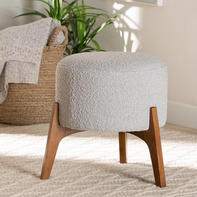 Elkie Japandi Cream Boucle Fabric And Walnut Brown Finished Wood Ottoman Footstool, , alternate image number null