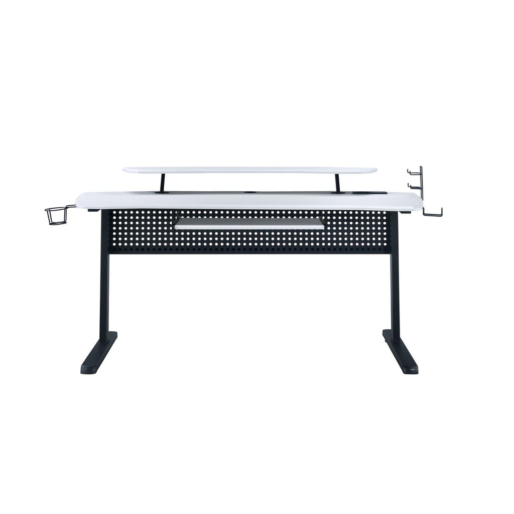 White version of gaming desk with perforated panel and cup holder