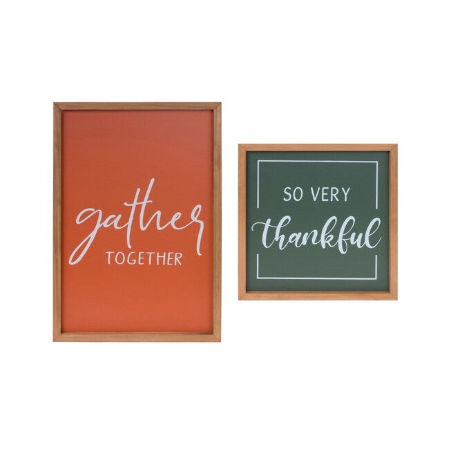Gather And Thankful Sentiment Sign (Set Of 2), GREEN, hi-res image number null