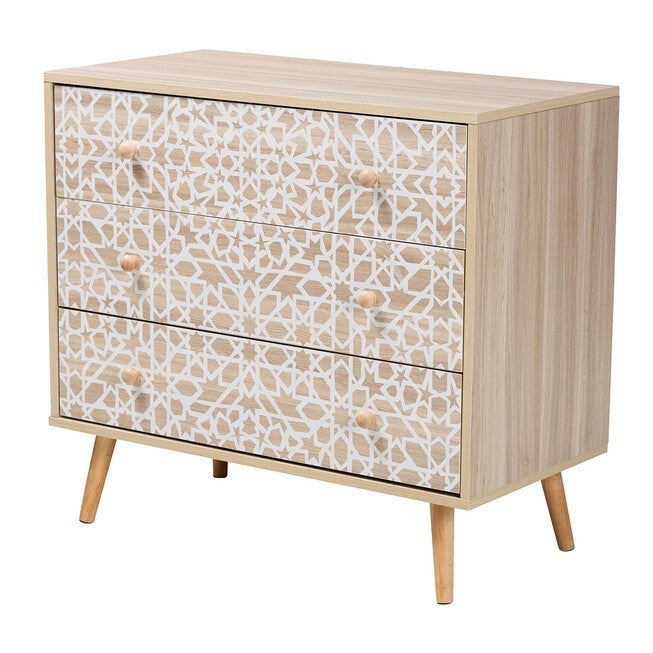 Beau Mid-Century Modern Transitional Two-Tone White And Oak Brown Finished Wood 3-Drawer Storage Cabinet, WHITE NATURAL BROWN, hi-res image number null