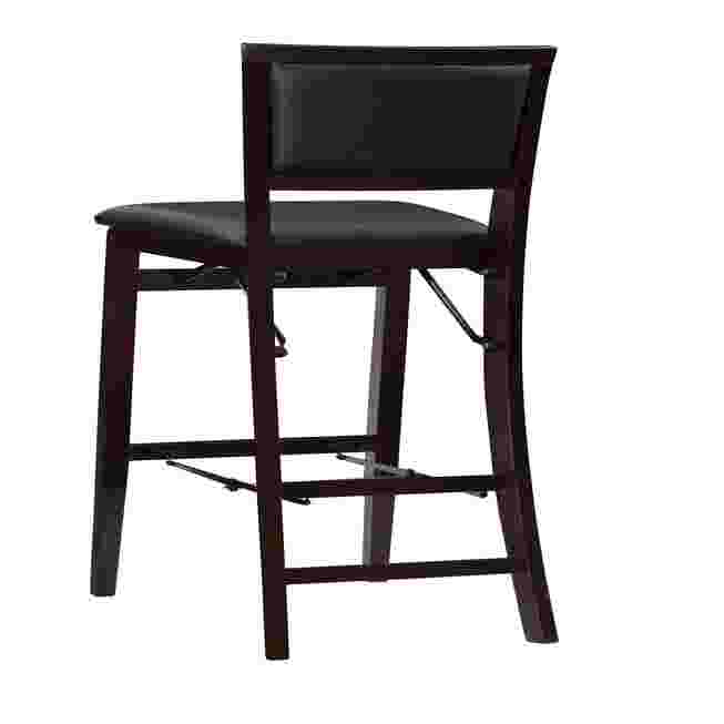 black folding bar stool with padded seat and back