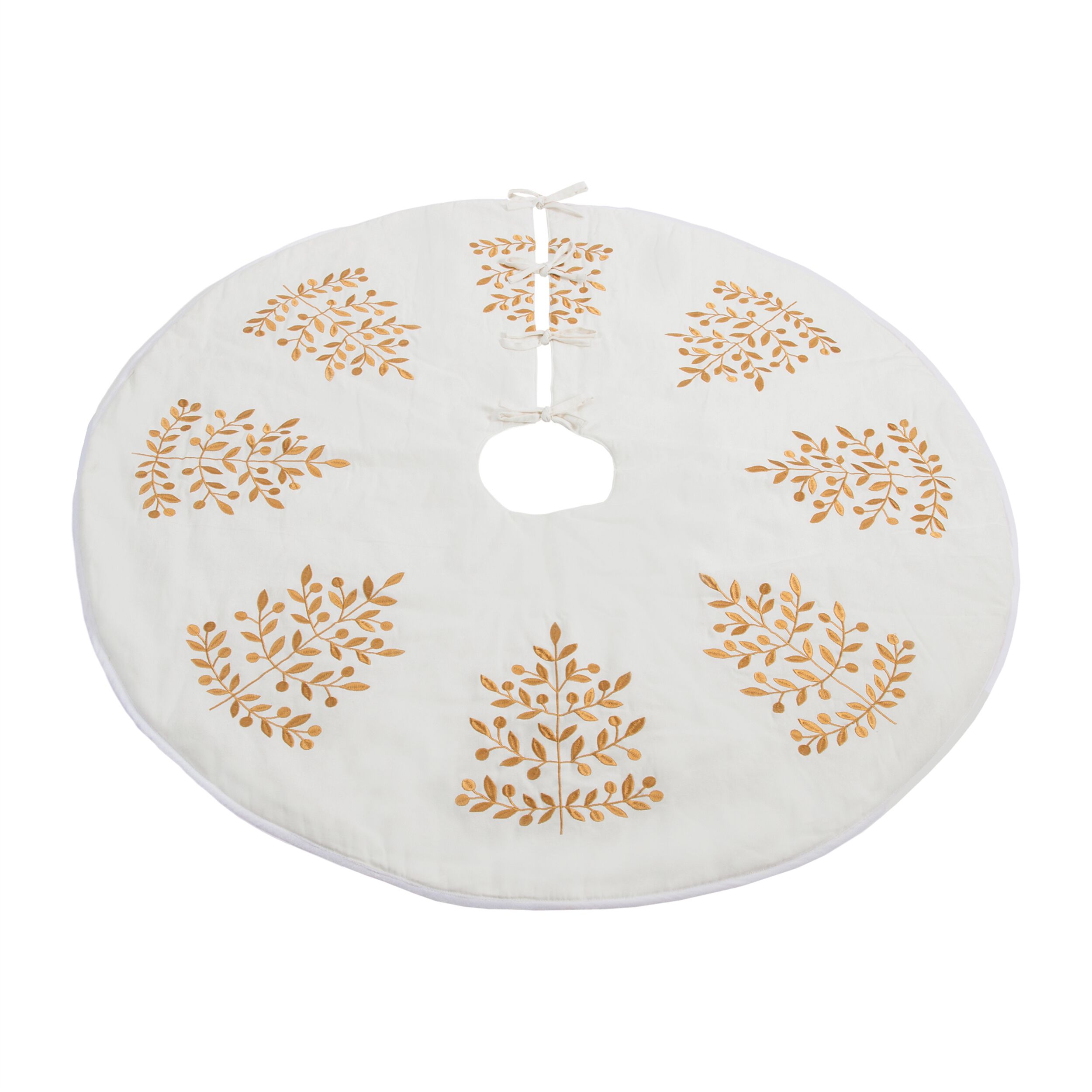 Metallic Leaf Christmas Tree Skirt 48 inchesD, WHITE GOLD, hi-res image number 0