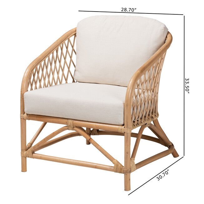 Patsy Modern Bohemian White Fabric And Natural Brown Rattan Armchair, , alternate image number 9