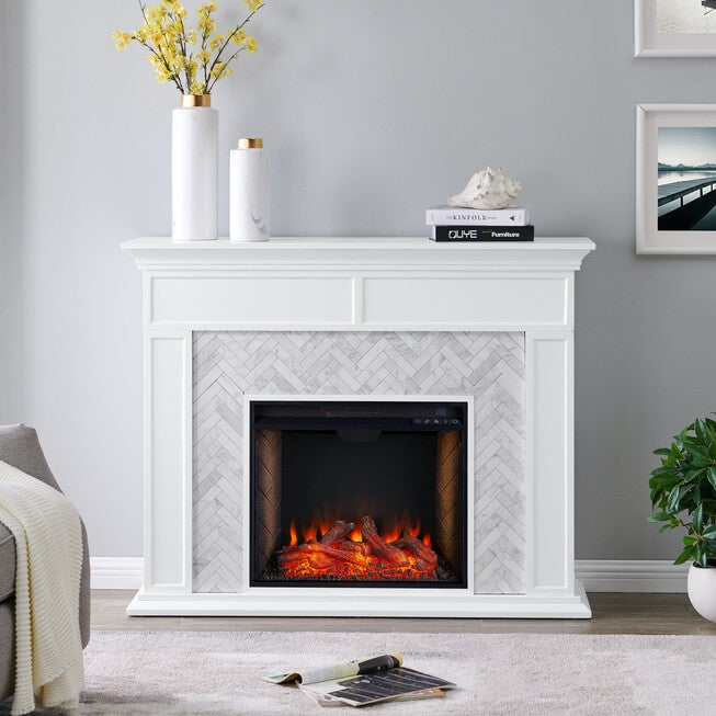 Torlington Tiled Marble Fireplace Mantel w/ Alexa Firebox, WHITE, hi-res image number 0