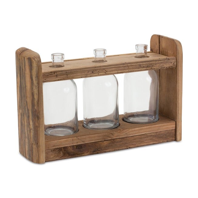 Triple Vase in Holder 15 inchesL x 9.75 inchesH Wood/Glass, BROWN, hi-res image number 0