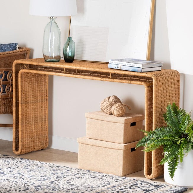 bali & pari Nevada Bohemian Light Honey Rattan Console Table, LIGHT HONEY, hi-res image number null