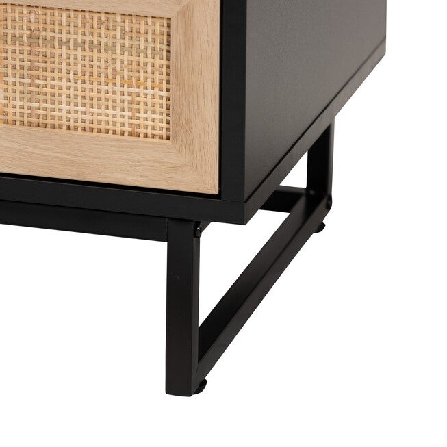 Declan Mid-Century Modern Espresso Brown Finished Wood And Natural Rattan 2-Drawer Nightstand, , alternate image number null