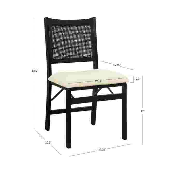 Black folding chair with a woven back and a light-colored seat cushion, with dimensions shown.