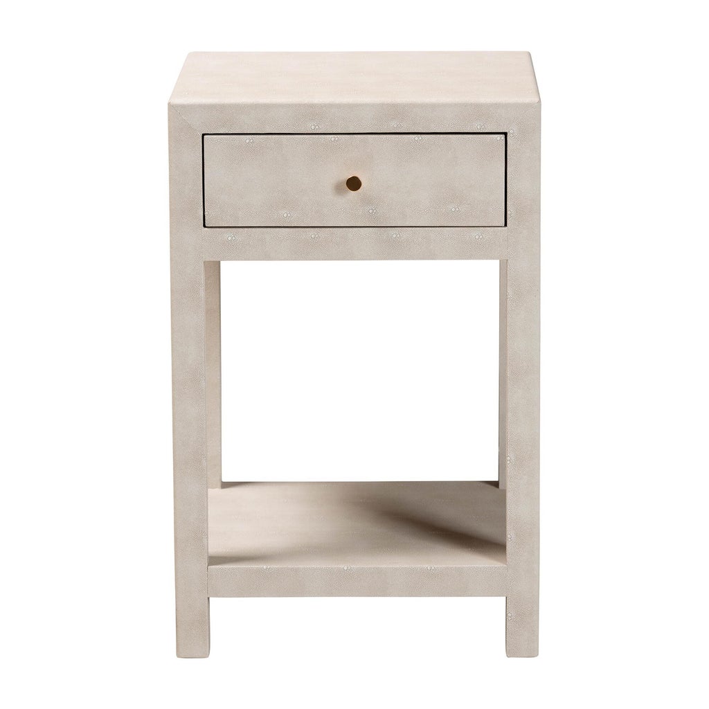 Front view of beige faux shagreen end table with single drawer