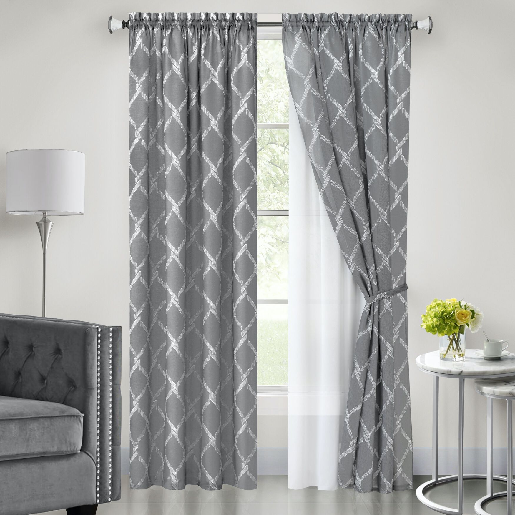 Bombay Double Layered Rod Pocket Window Curtain Panel, GREY, hi-res image number 0