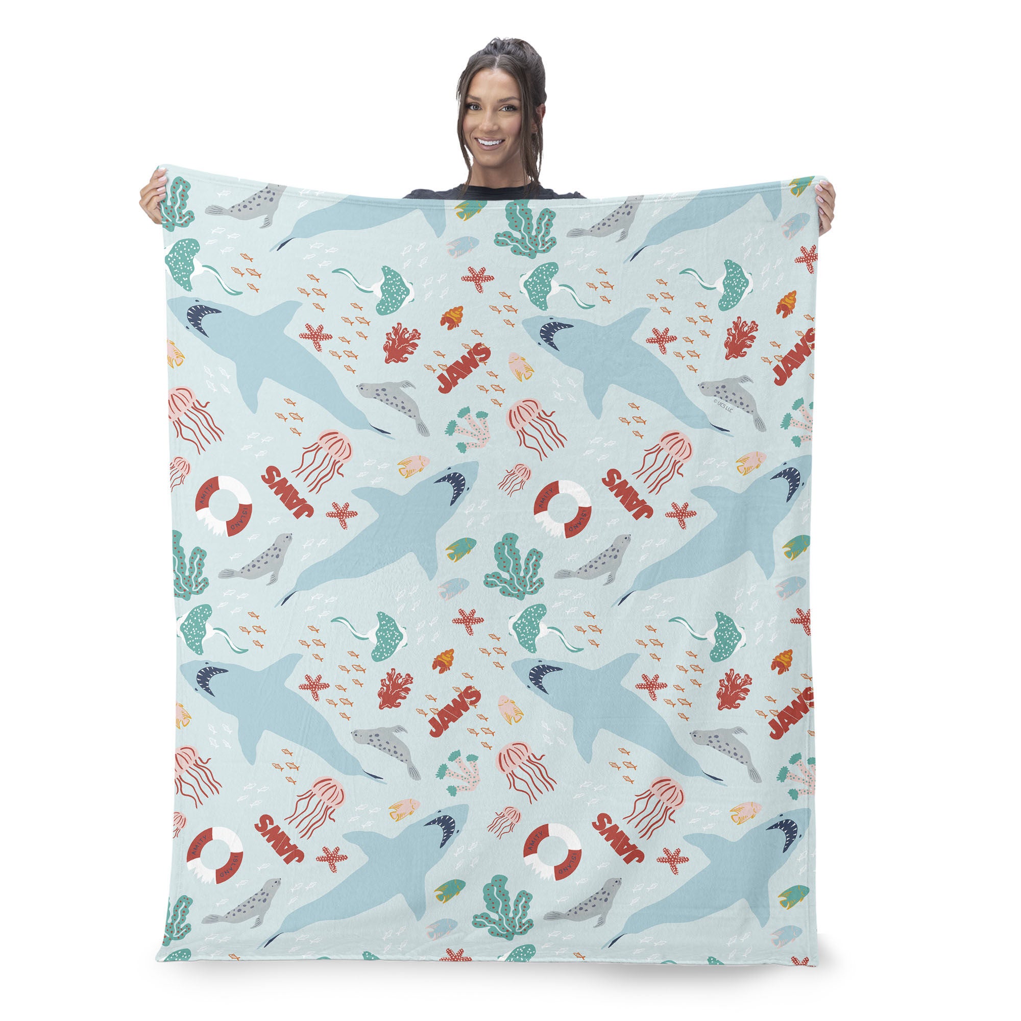 Jaws Coastal Sharks Silk Touch Sherpa Throw Blanket 50x60 inches, BLUE, on-hover image number 1