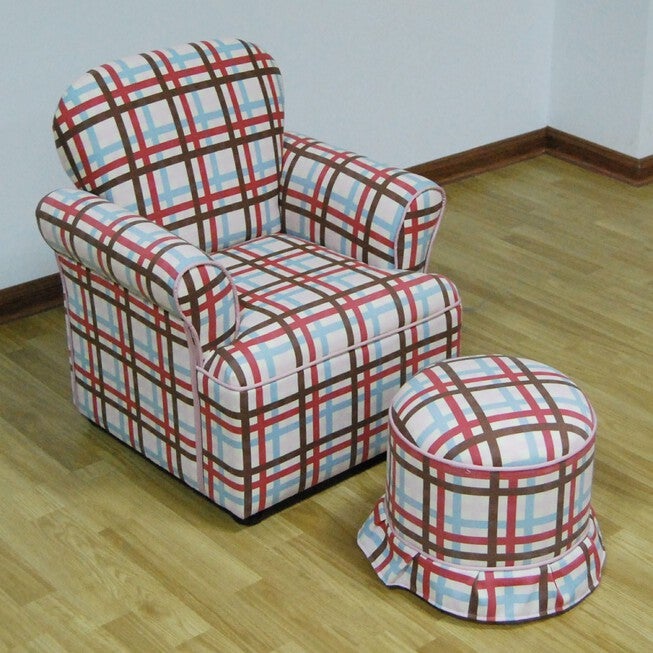 Rolled Arm Chair with Round Ottoman Plaid , PLAID, hi-res image number 0