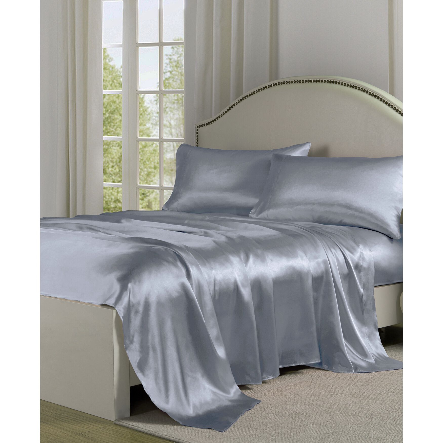Belles & Whistles Black Satin Sheet Set, OPEN WHITE, hi-res image number 0
