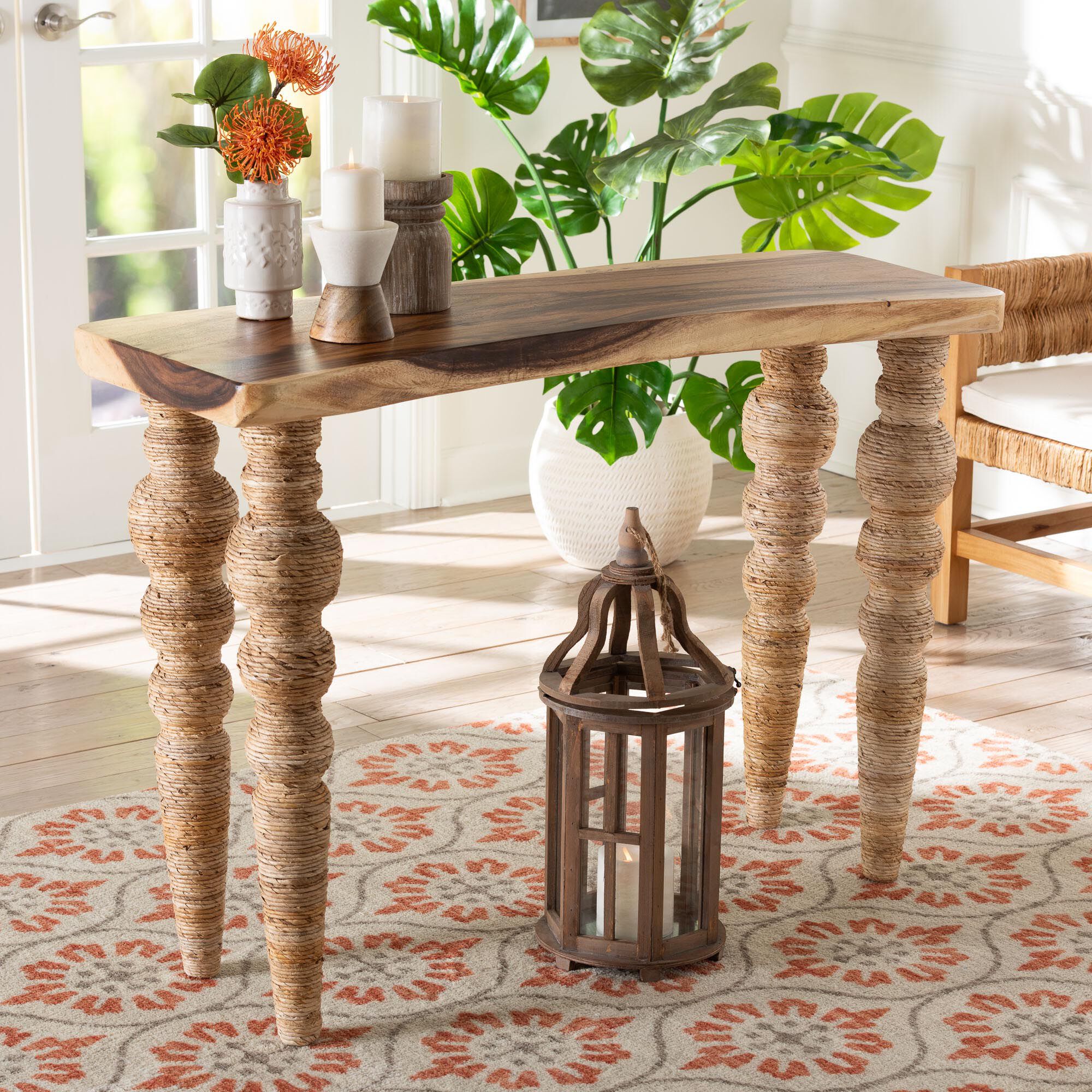 Nasnan Teak Wood Console Table with Seagrass and Bobbin Legs, BROWN, hi-res image number 0