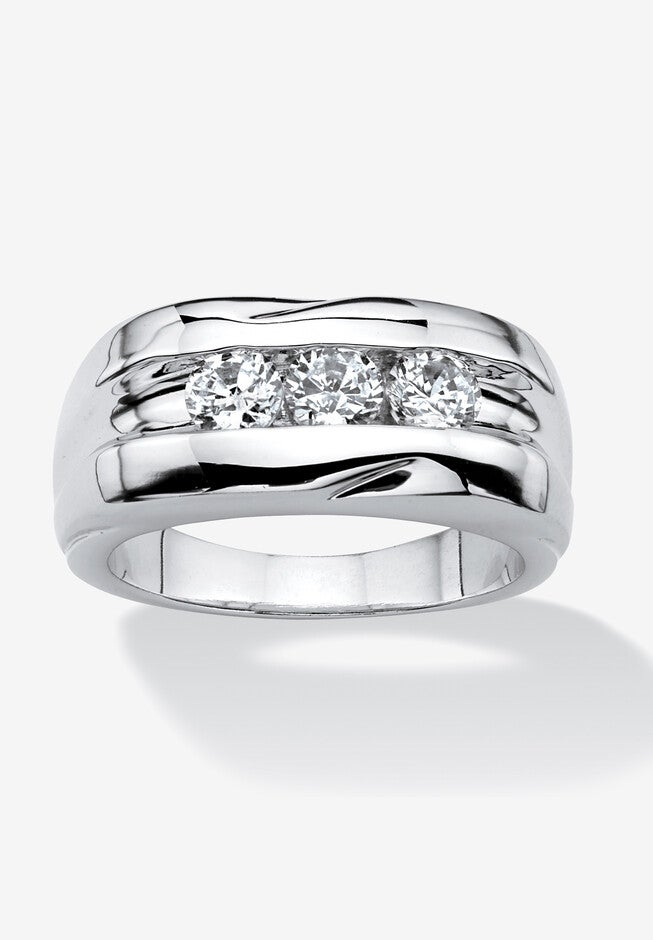 Men's Platinum Plated Cubic Zirconia 3 Stone Channel Set Wedding Band Ring, PLATINUM, hi-res image number 0