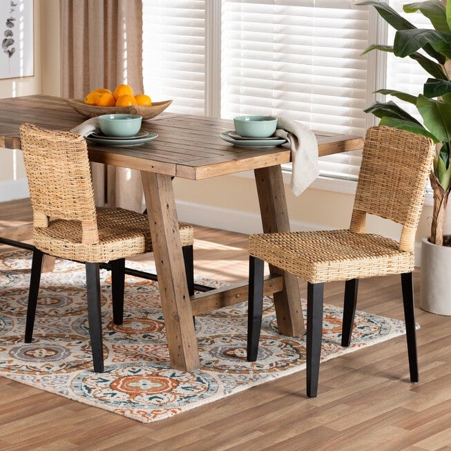 Dermot Modern Bohemian Dark Brown Finished Wood And Natural Rattan 2-Piece Dining Chair Set, , alternate image number null