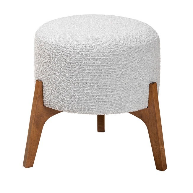 Elkie Japandi Cream Boucle Fabric And Walnut Brown Finished Wood Ottoman Footstool, , alternate image number null