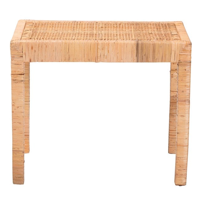 Abelia Modern Bohemian Natural Rattan And Mahogany Wood Short Accent Bench, , on-hover image number null