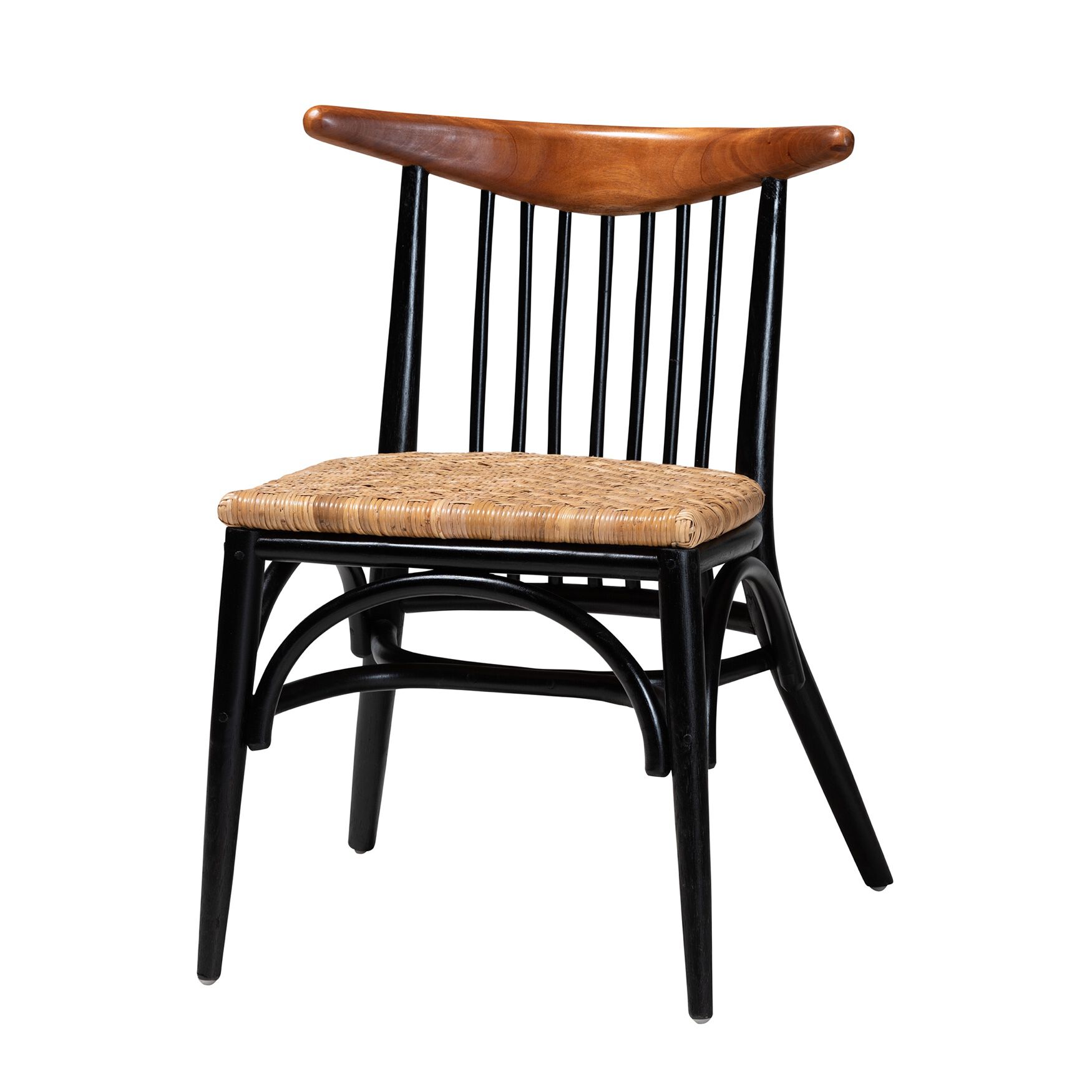 Parthenia Mid-Century Modern Two-Tone Black And Walnut Brown Finished Mahogany Wood And Natural Rattan Dining Chair, WALNUT BROWN BLACK, hi-res image number 0