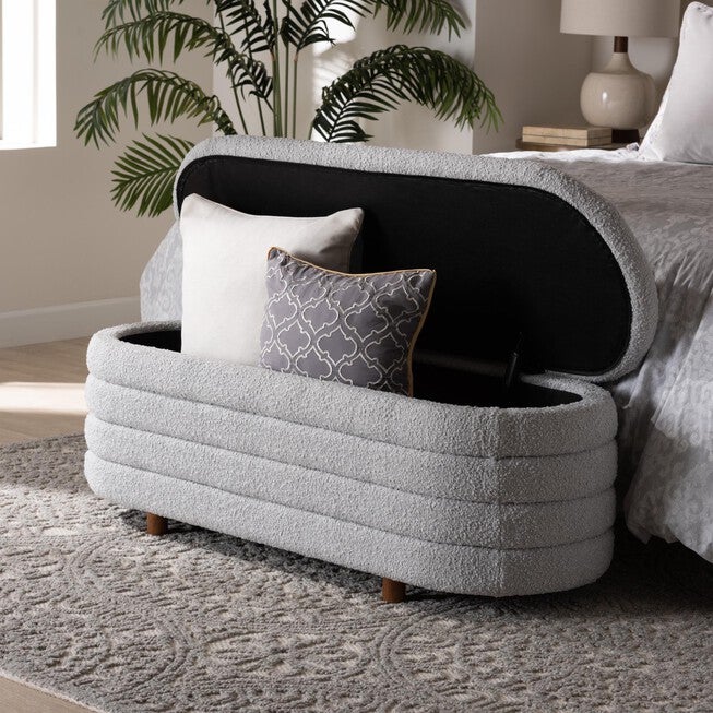 Betiana Modern Japandi Cream Boucle Fabric And Walnut Brown Finished Wood Storage Bench, , alternate image number null