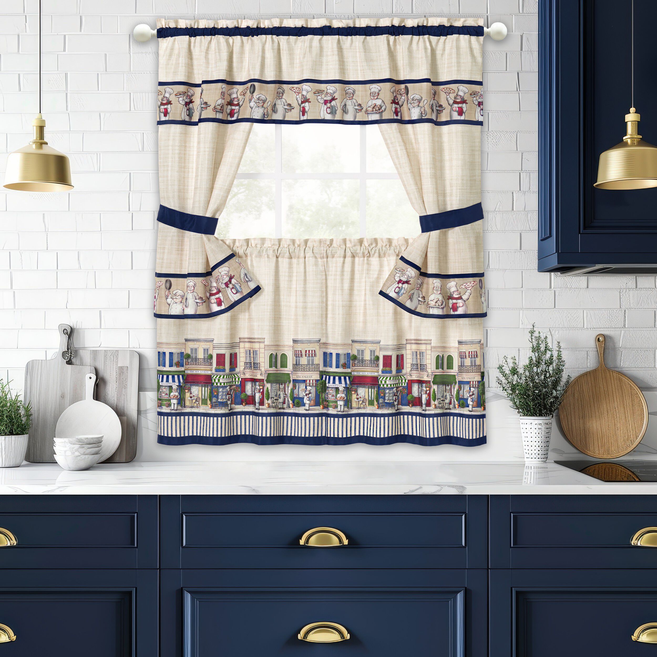 Bon Appetit Printed Cottage Window Curtain Set, MULTI, hi-res image number 0