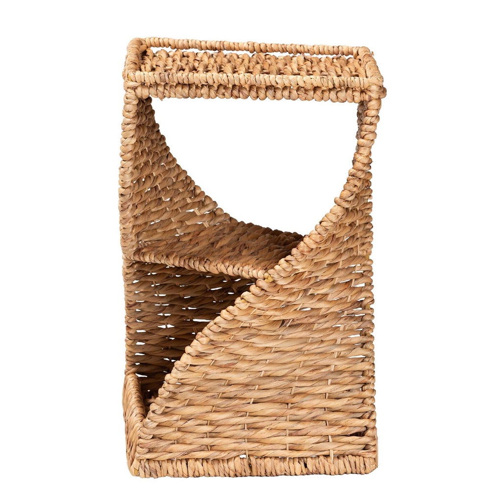 Close-up of woven seagrass end table structure with top rim