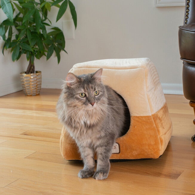 2-In-1 Cat Bed Cave Shape And Cuddle Pet Bed, Brown Beige, , on-hover image number 1