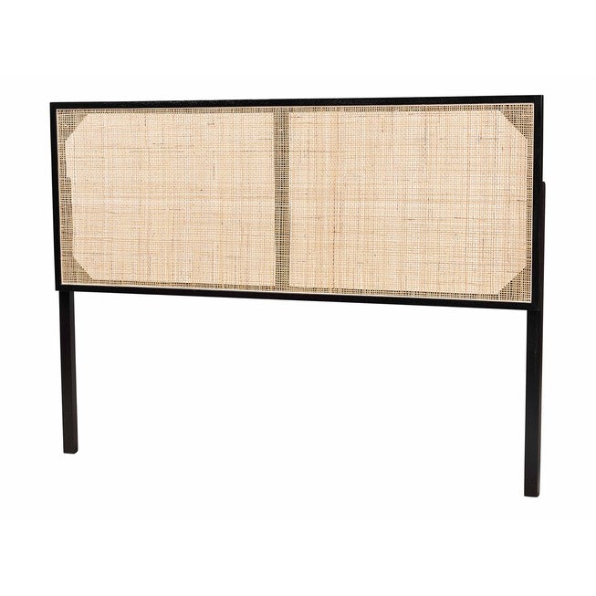 Aurelia Modern Bohemian Black Finished Bayur Wood And Natural Rattan Queen Size Headboard, BLACK NATURAL RATTAN, hi-res image number 0