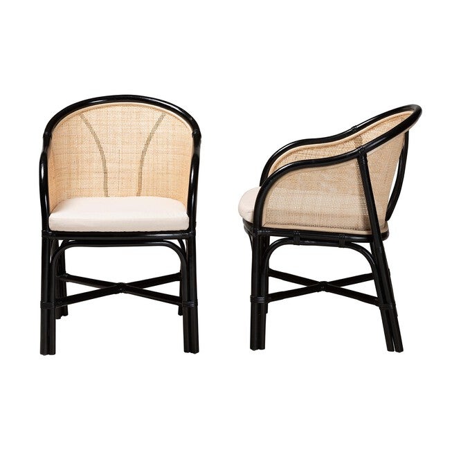 Miranda Modern Bohemian Two-Tone Black And Natural Brown Rattan 2-Piece Dining Chair Set, , alternate image number null