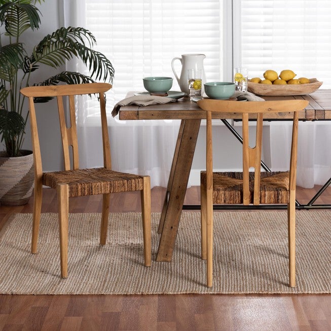 Artha Modern Bohemian Natural Brown Teak Wood And Seagrass 2-Piece Dining Chair Set, , alternate image number null