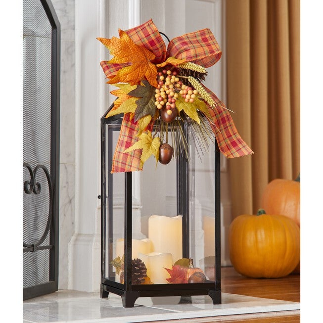 24 inches Harvest Wheat Lantern with 3 LED Candles, MULTI, hi-res image number 0
