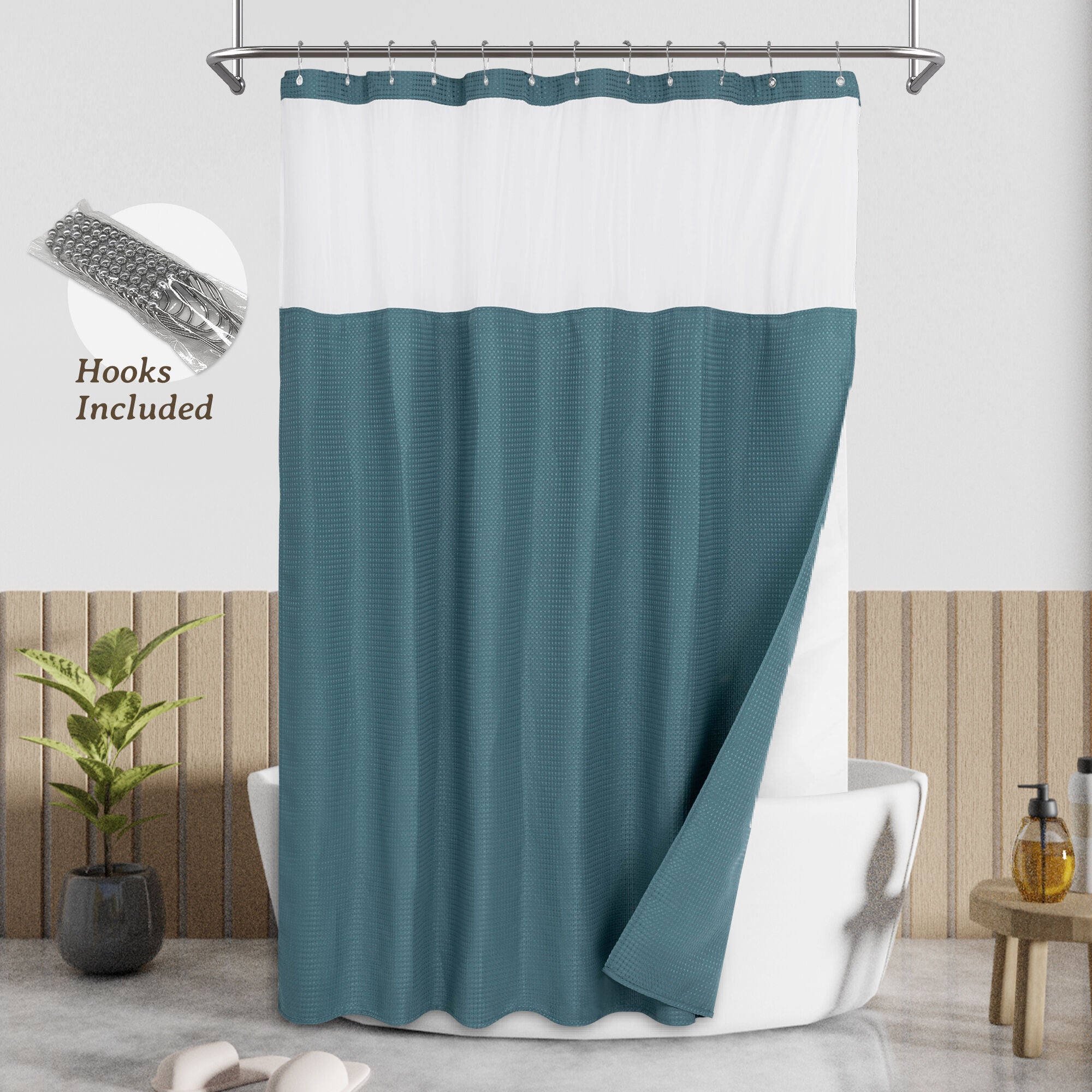 Dobby Waffle Shower Curtain with Snap-in Liner, Hooks included, TEAL, hi-res image number 0