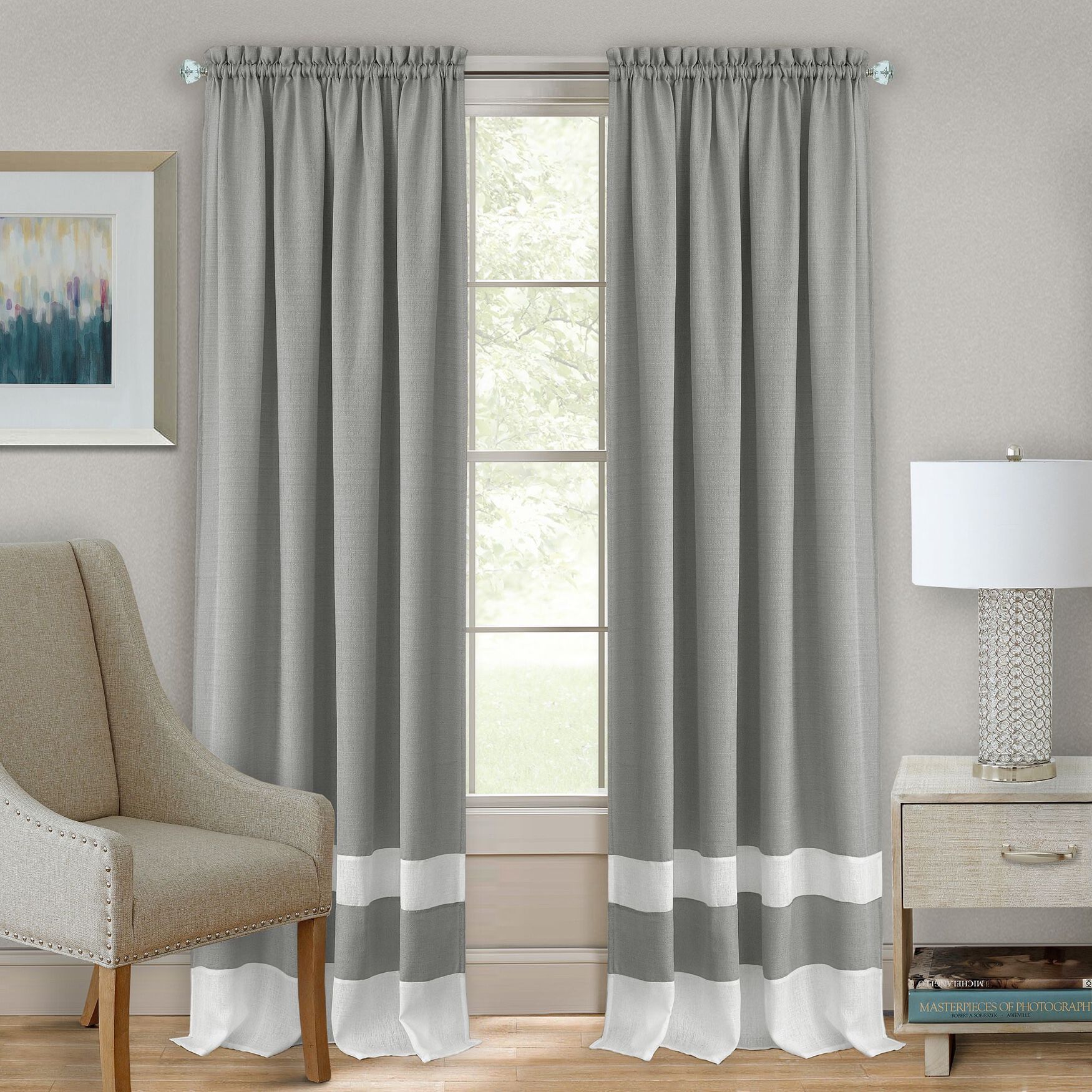 Darcy Rod-Pocket Window Curtain Panel, GREY WHITE, hi-res image number 0