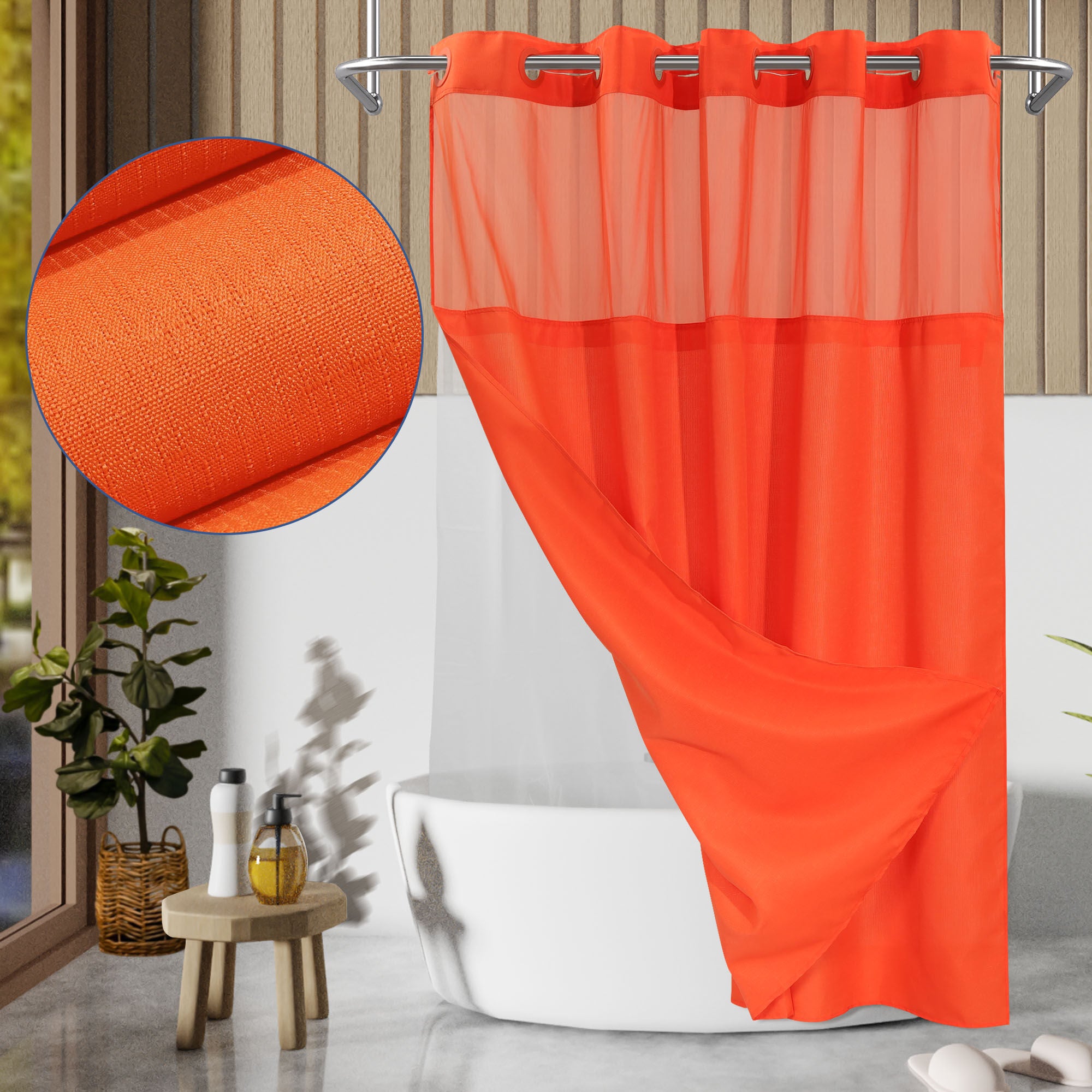No Hook Slub Linen Texture Shower Curtain with Peva Snap-in Liner, ORANGE, hi-res image number 0