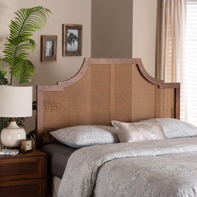 Risha Mid-Century Modern Ash Walnut Finished Wood And Rattan King Size Headboard, , alternate image number null