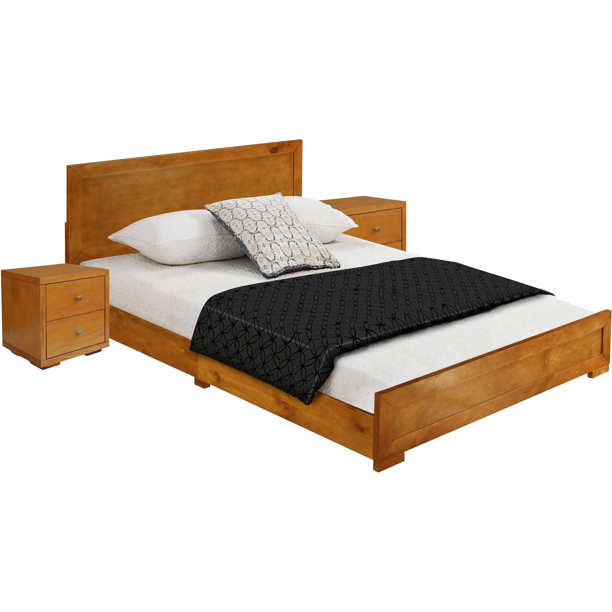 Trent Wooden Platform Bed in Black, Queen with 2 Nightstands, OAK, alternate image number 1