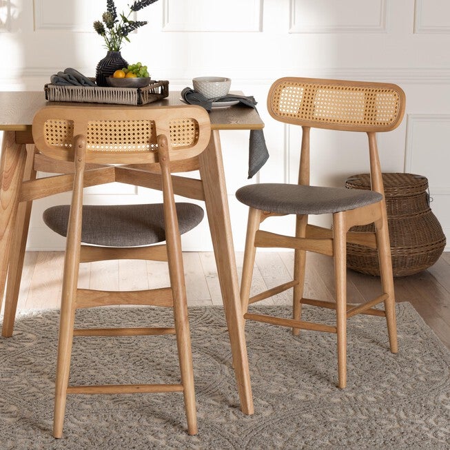 Tarana Mid-Century Modern Grey Fabric And Walnut Brown Finished Wood 2-Piece Counter Stool Set, , alternate image number null