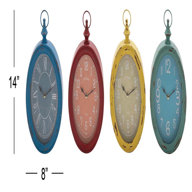 Set Of 4 Multi Colored Metal Vintage Wall Clock, , alternate image number null