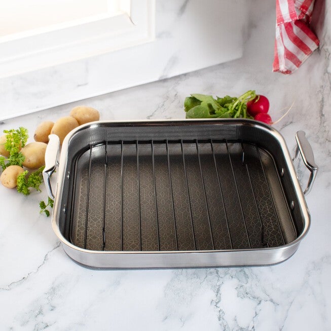 LIVWELL DiamondClad™ 14-inch Hybrid Nonstick Stainless Steel Roasting Pan with Basket, Dishwasher Safe, PFOA-free – Silver/Black, SILVER, alternate image number null