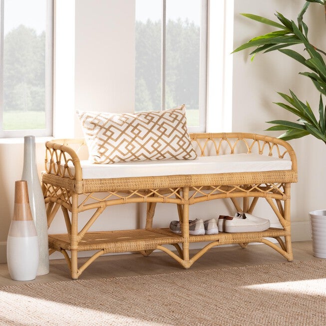 Leryn Modern Bohemian Natural Brown Rattan Bench, , alternate image number null