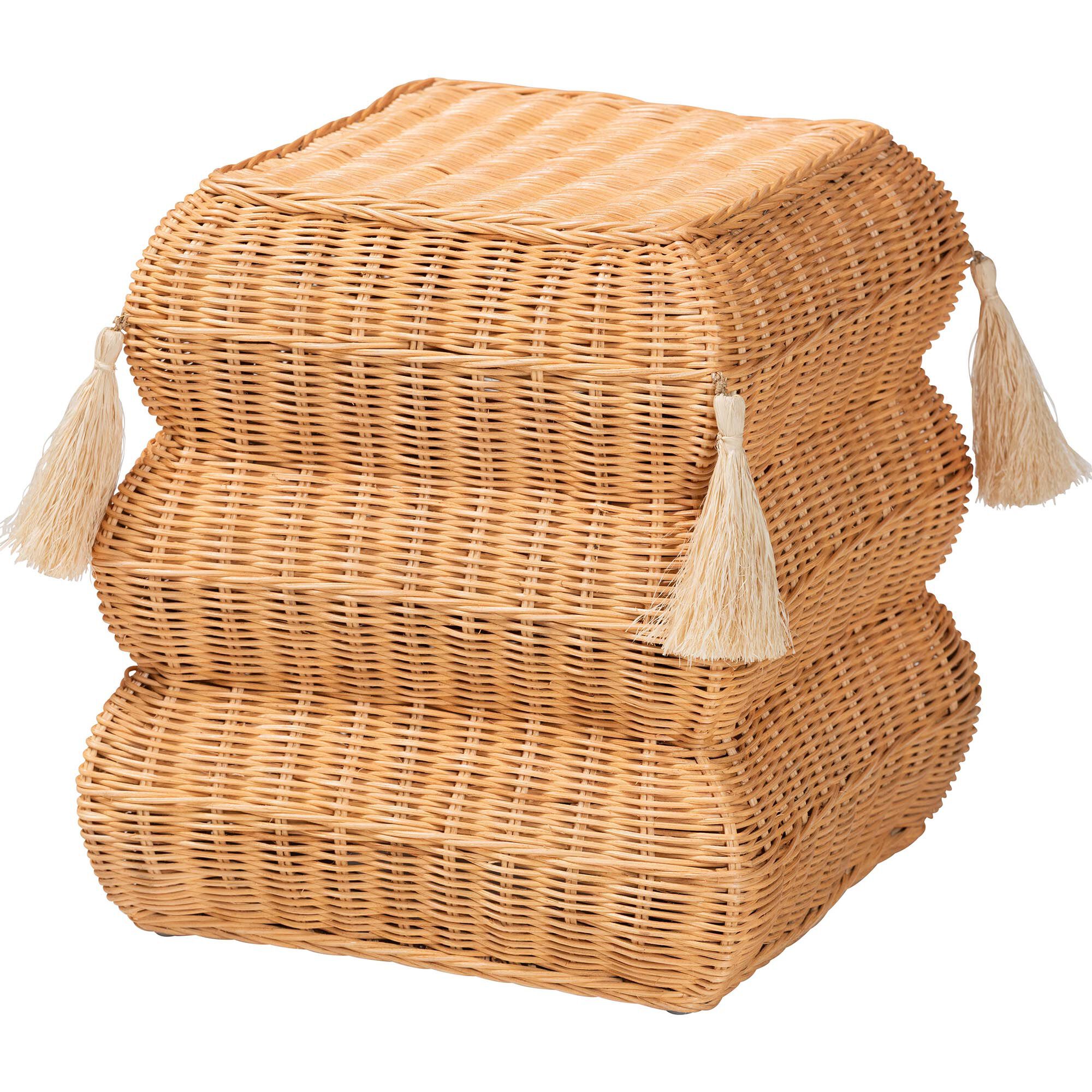 Noura Natural Rattan Footstool with Tassel Accents, HONEY, alternate image number 2