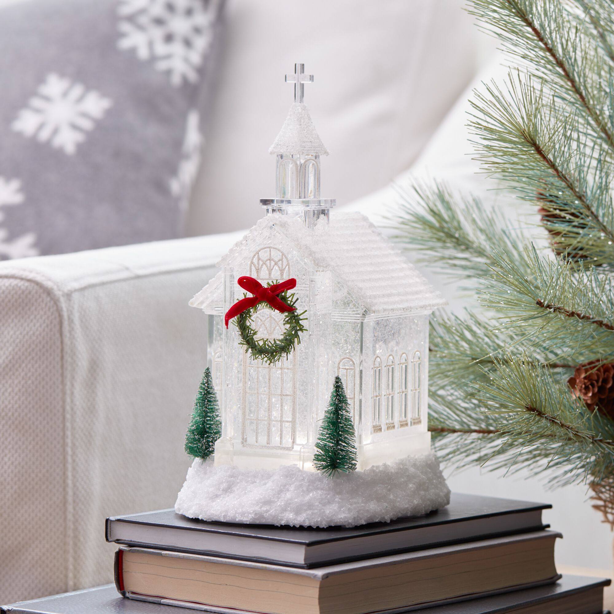 LED Church Snow Globe with Pine Accents 10.5 inchesH, WHITE RED, alternate image number 2
