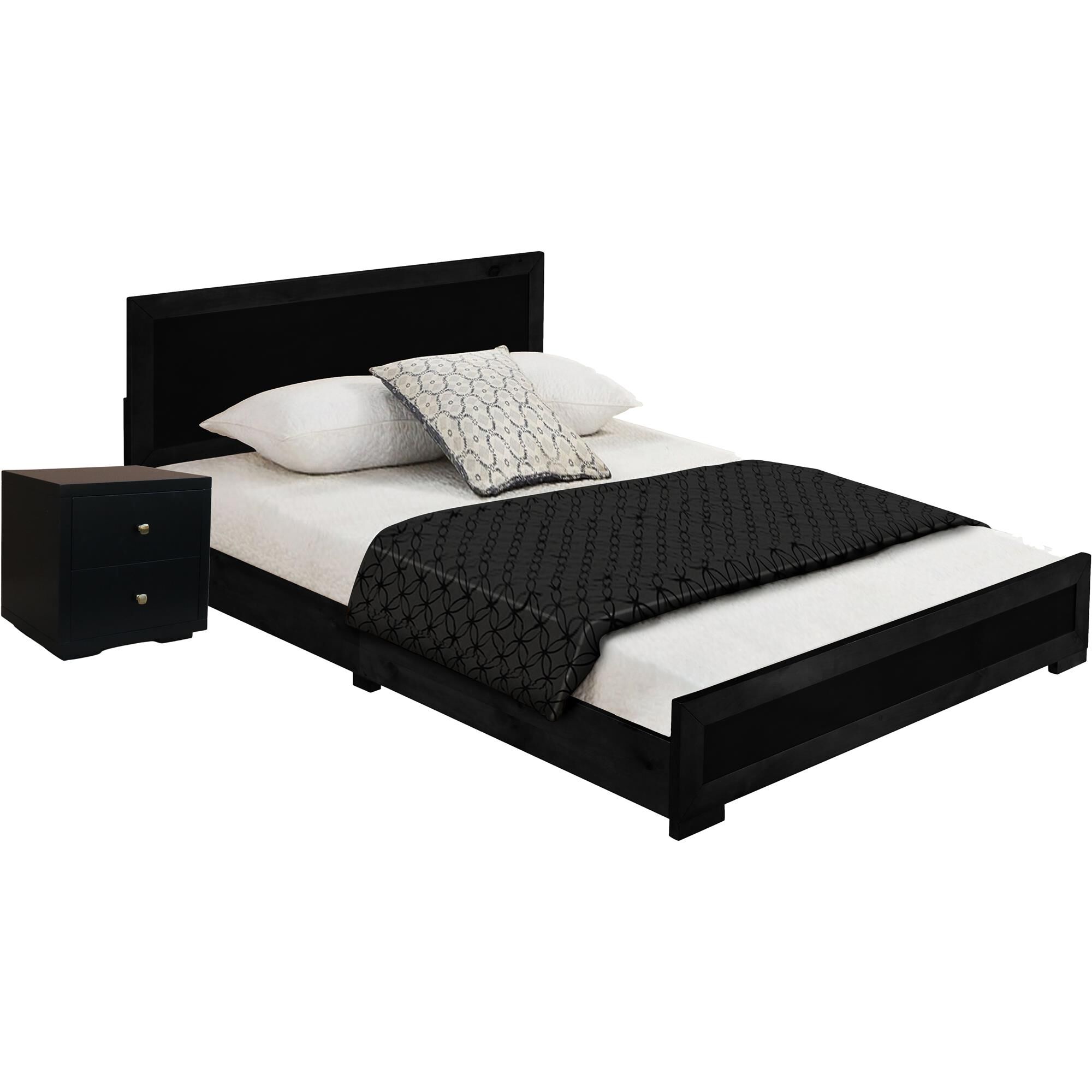 Trent Wooden Platform Bed in Black, Queen with 2 Nightstands, BLACK, alternate image number 1