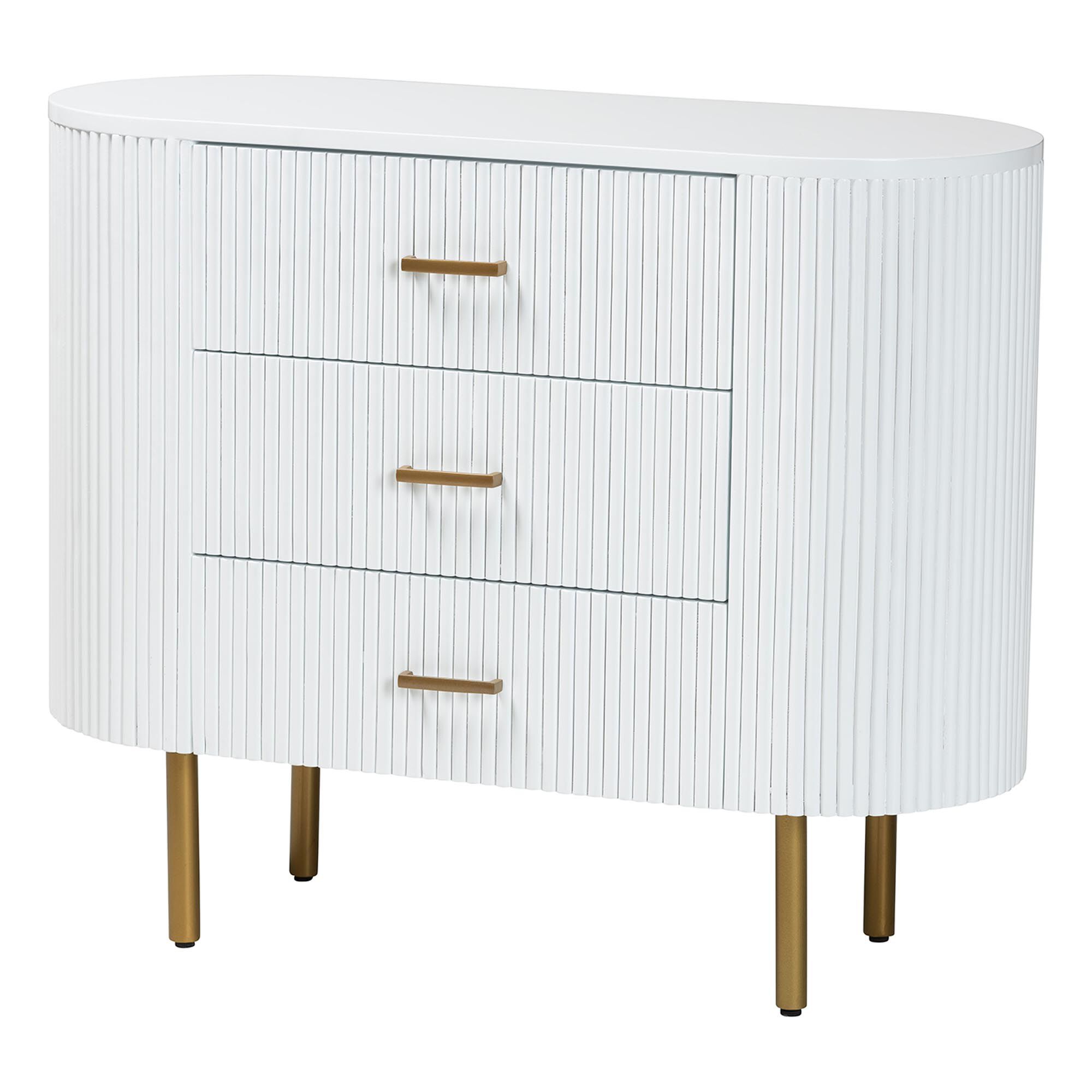 Beyla Mid-Century White Fluted Wood and Gold Metal 3-Drawer Dresser, WHITE, alternate image number 1