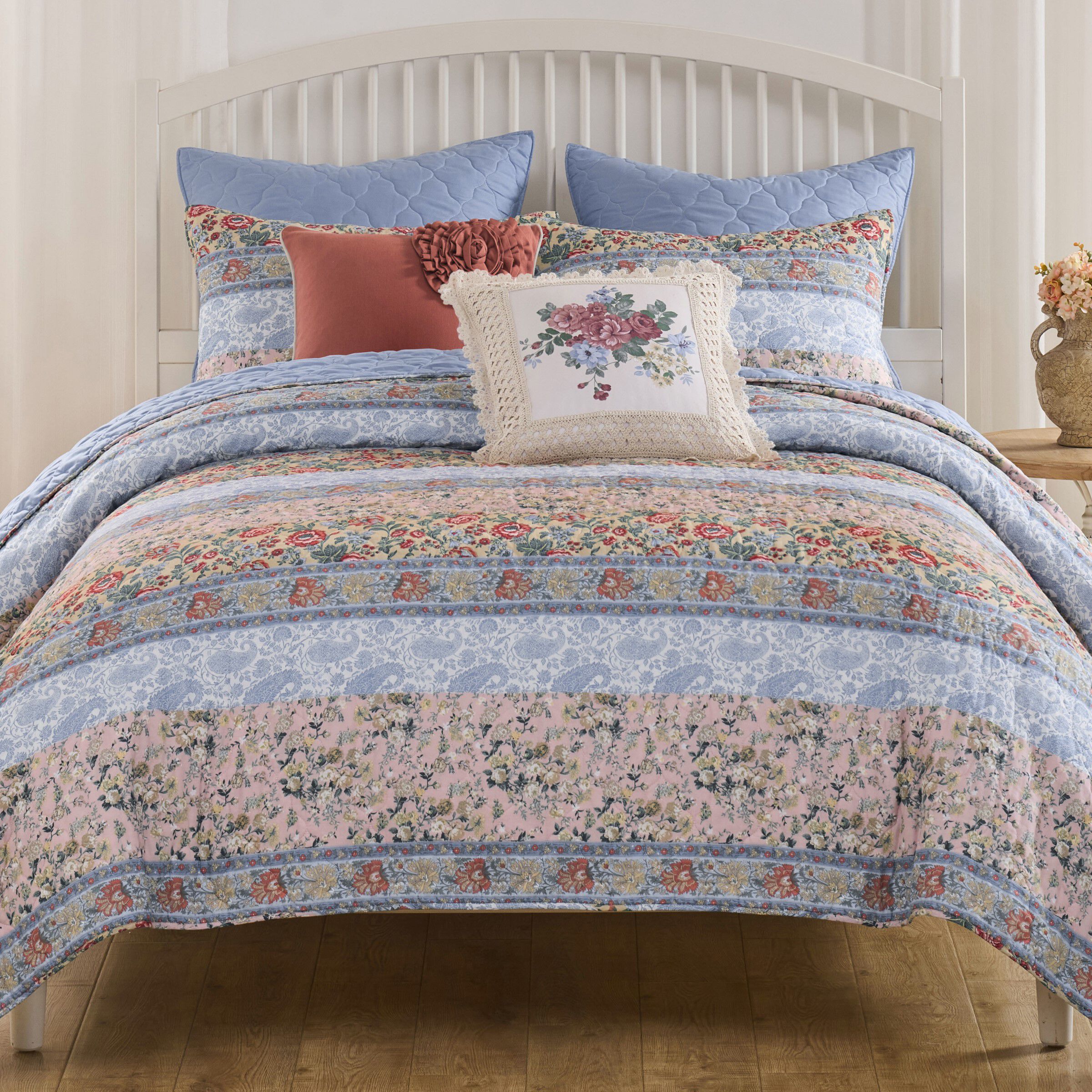 Kressida Garden Floral Collage Reversible Quilt Set, BLUE, hi-res image number 0