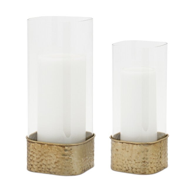 Candle Holder (Set of 2) 4.5 inchesL x 10 inchesH, 5.25 inchesL x 12 inchesH Iron/Glass, GOLD, hi-res image number 0